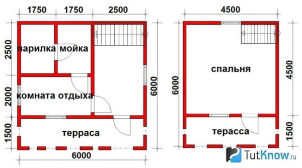 Планировка двухэтажного дома-бани