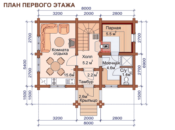 Планировка дома с баней на первом этаже