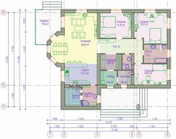Готовый проект одноэтажного жилого дома с баней (148,1м2)