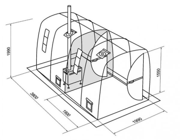 Схематический рисунок переносной бани, с несколькими помещениями